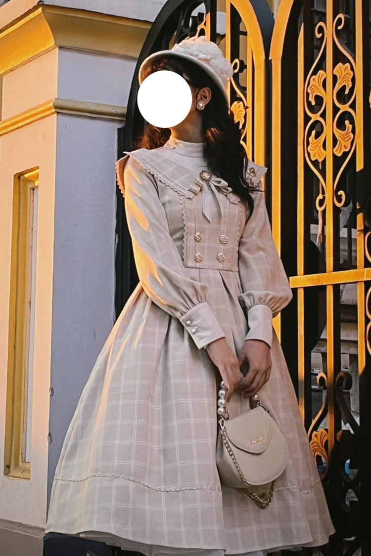 Apricot [Fontainebleau] Long Sleeves Plaid Print Bowknot Elegant Sweet Lolita Dress - Product - 4