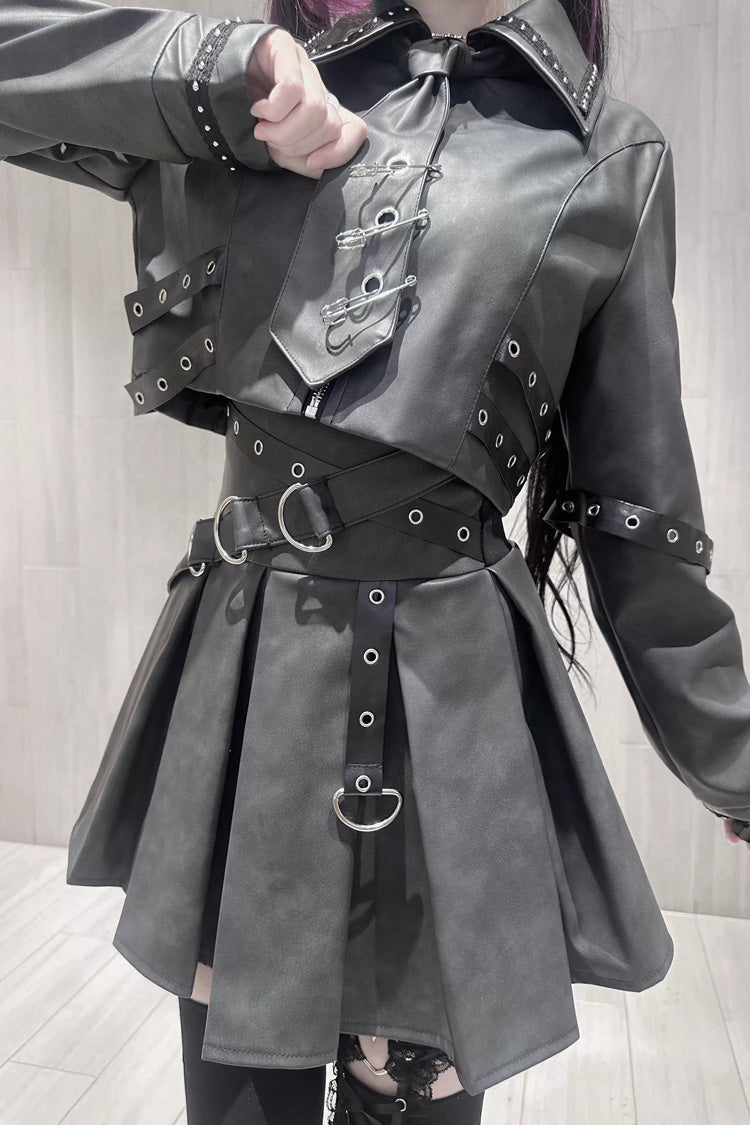 Black [Eternal Night of Bones] Lapel Collar Long Sleeves Studded Eyelet Gothic Jirai Kei Japanese Handsome Top and Skirt Set - Product - 11