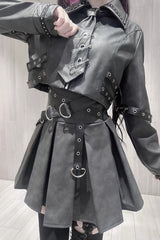 Black [Eternal Night of Bones] Lapel Collar Long Sleeves Studded Eyelet Gothic Jirai Kei Japanese Handsome Top and Skirt Set - Product - 11
