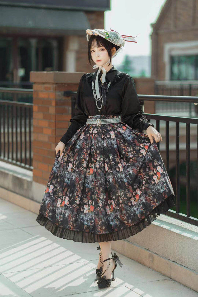 ブラック [Afternoon Tea] 花柄 プリント フリル ゴシックロリータスカート