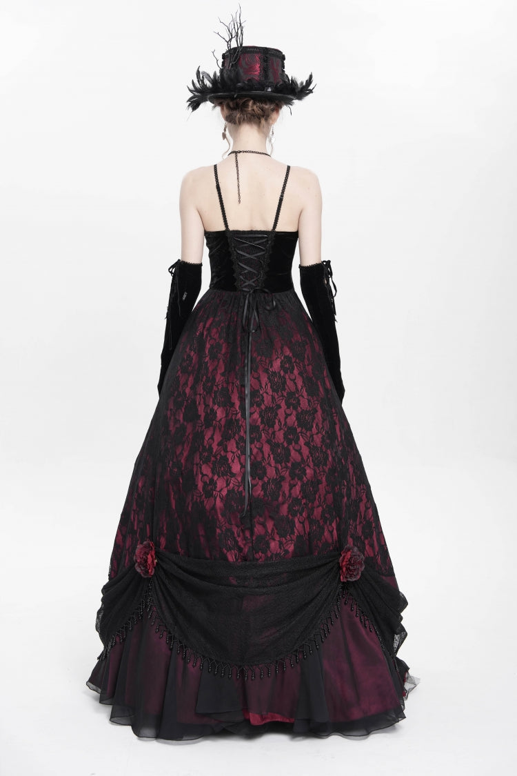 Red Jacquard Embroidery Floral Beaded Women's Gothic Long Slip Dress - Product - 3