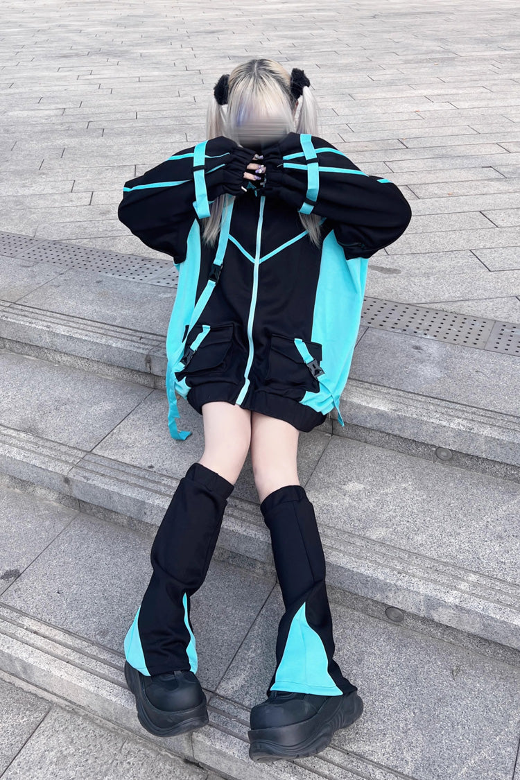 Black/Blue Chip Hacker Cyberpunk Functional Print Hooded Jirai Kei Japanese Sports Coat - Product - 3