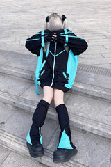 Black/Blue Chip Hacker Cyberpunk Functional Print Hooded Jirai Kei Japanese Sports Coat - Product - 3