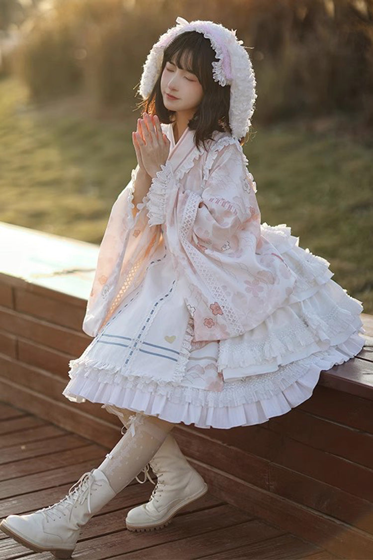Apricot Long Trumpet Sleeves Cherry Blossom Print Ruffle Sweet Japanese Lolita Dress - Product - 2