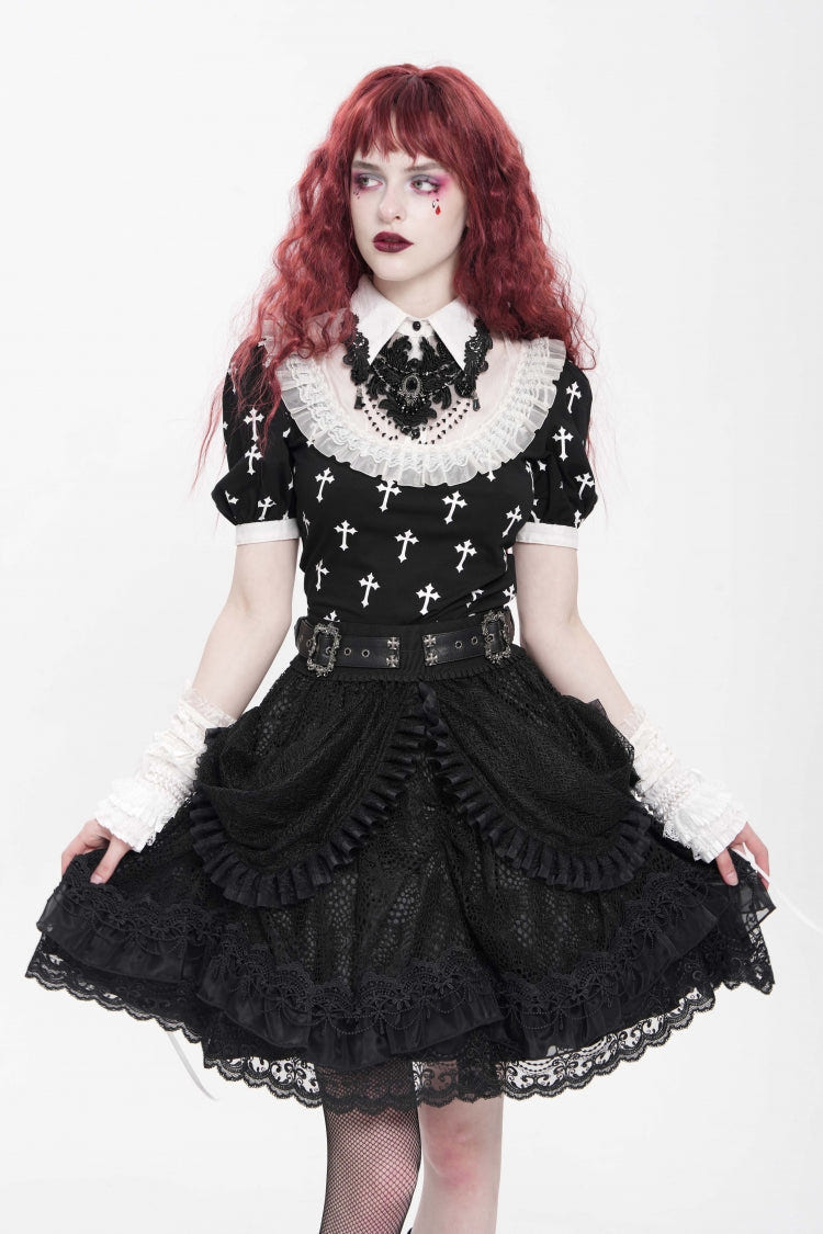 Black Multi-Layered Ruffle Buckle Straps Women's Gothic Skirt - Product - 12