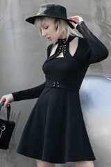 Black High Collar Front Chest Lace-Up Shoulder Hollow-Out Long Sleeve Women's Punk Dress - Product - 2