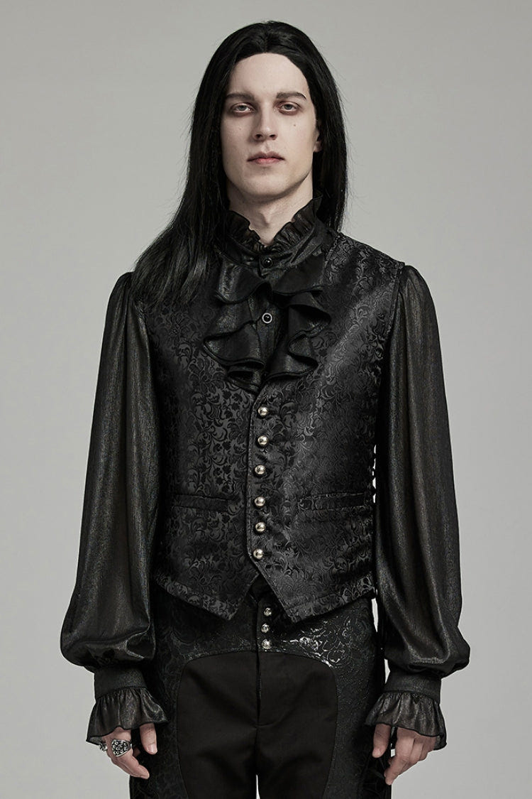 Black V Collar Jacquard Lace-Up Men's Gothic Vest - Black - 1