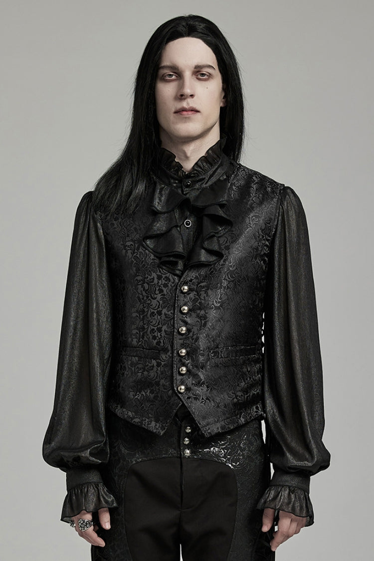 Black V Collar Jacquard Lace-Up Men's Gothic Vest - Black - 1