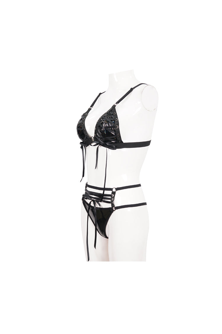 Black Stretch Magic Bright Leather Rope Women's Punk Interesting Underwear Set - Product - 7