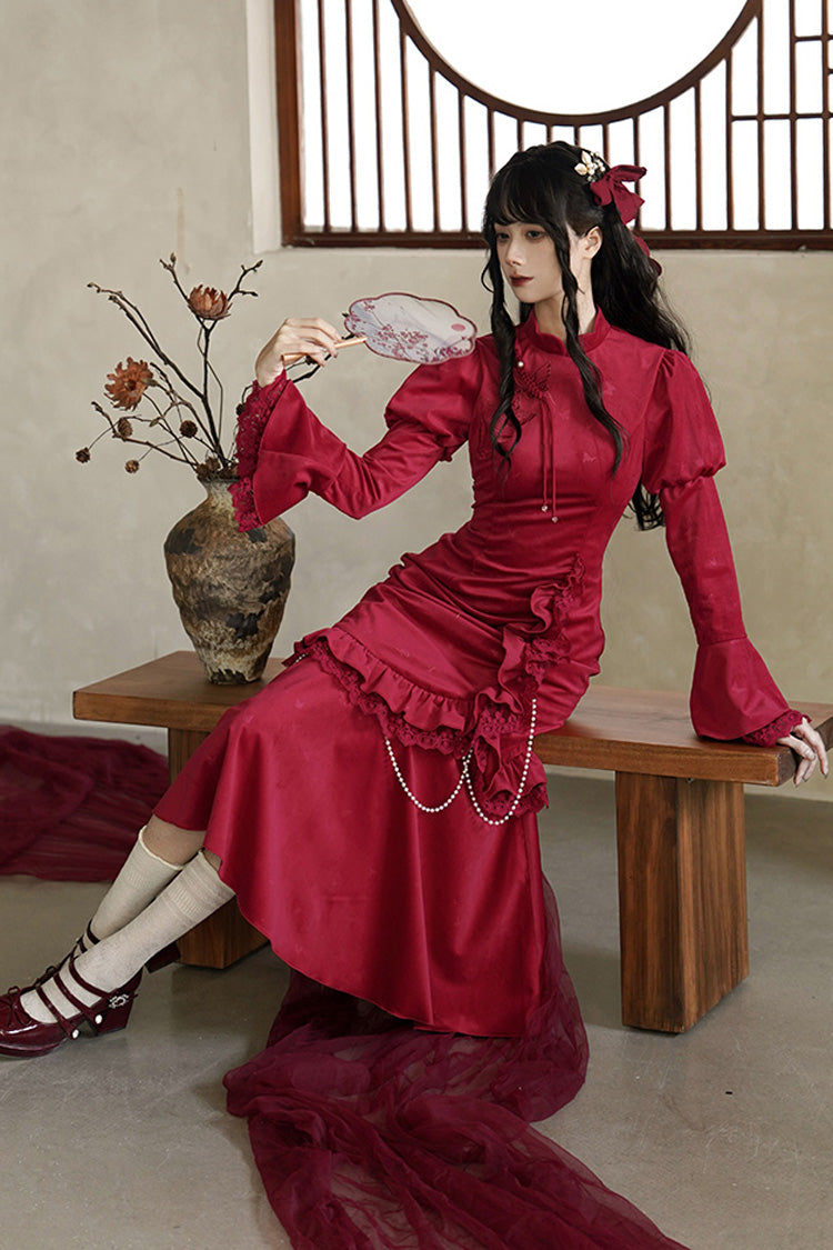 Red Long Sleeves Ruffle Embroidery Bowknot Lace Classic Chinese Style Elegant Lolita Dress - Product - 4