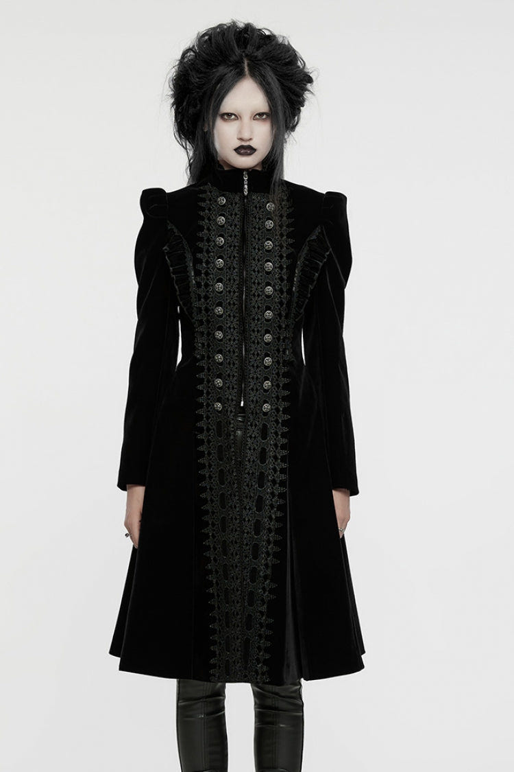 Black Long Puff Sleeves Floral Embroidery Women's Gothic Coat - Black - 1