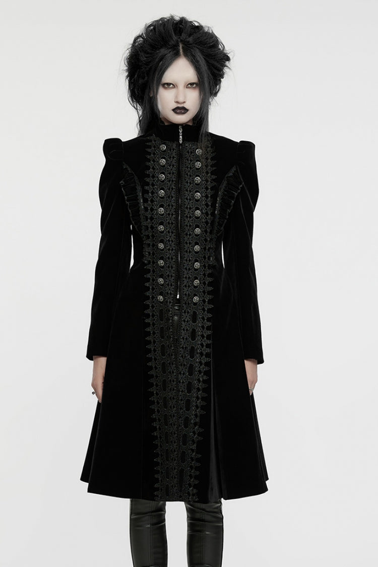 Black Long Puff Sleeves Floral Embroidery Women's Gothic Coat - Black - 1