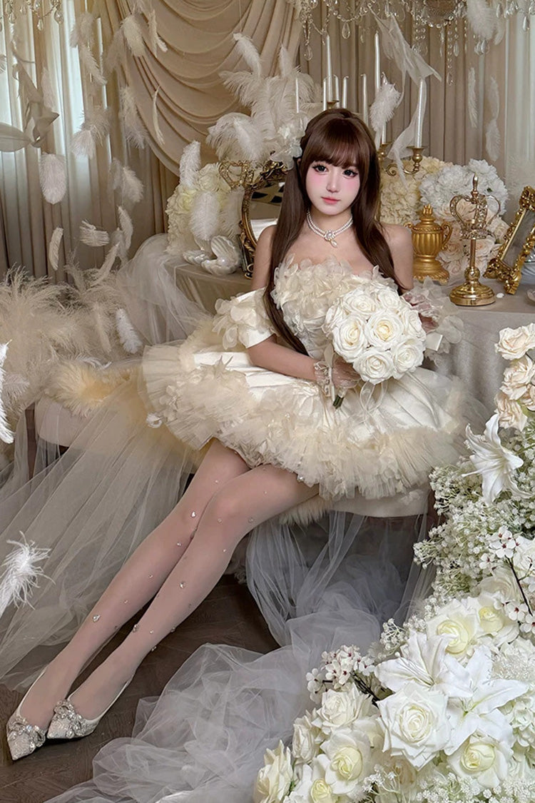 Apricot [Dream Confession] Sleeveless Multi-Layered Ruffled Hanayome Bow Lace Lace-Up Sweet Lolita Jsk Dress Short Version - Product - 4
