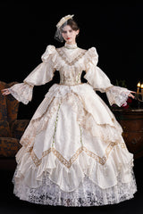 Champagne Stand Collar Long Sleeves Jacquard Wedding Style Open-Front Lace Sweet Princess Royal Lolita Victorian Dress - Product - 8