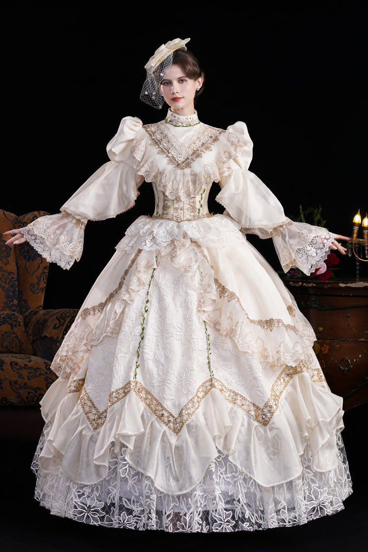 Champagne Stand Collar Long Sleeves Jacquard Wedding Style Open-Front Lace Sweet Princess Royal Lolita Victorian Dress - Product - 8