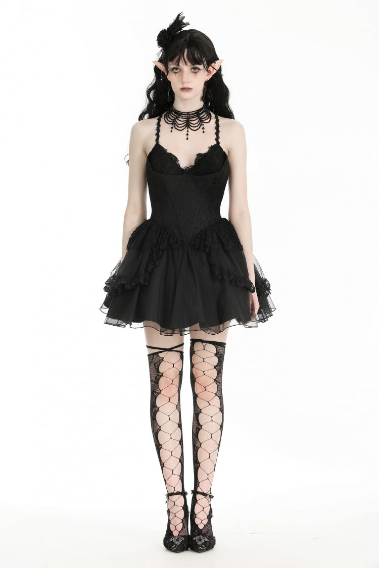 Black V Collar Sleeveless Multi-Layered Lace Trim Lace-Up Women's Gothic Party Slip Graduation Dress - Product - 5