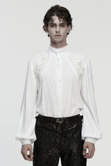 White Stand Collar Long Lantern Sleeves Floral Jacquard Men's Gothic Blouse - White - 1
