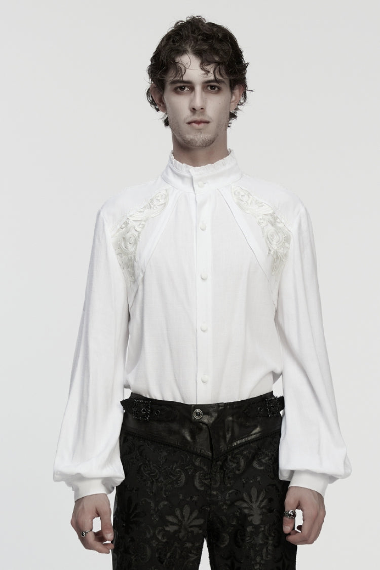 White Stand Collar Long Lantern Sleeves Floral Jacquard Men's Gothic Blouse - White - 1