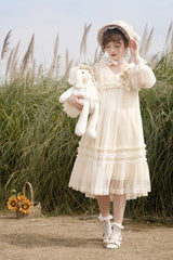 Ivory [Sunflower Diary] Long Sleeves Ruffle Embroidery Bowknot Lace Chiffon Sweet Princess Lolita Dress - Product - 7