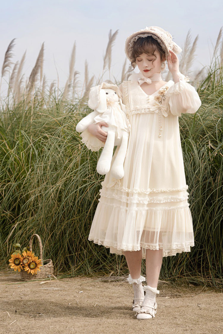 Ivory [Sunflower Diary] Long Sleeves Ruffle Embroidery Bowknot Lace Chiffon Sweet Princess Lolita Dress - Product - 7