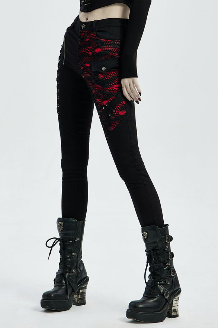 Buttonhole Drawstring Stitching Lace-Up Mesh Women's Steampunk Skinny Jeans Pants 2 Colors - Product - 2