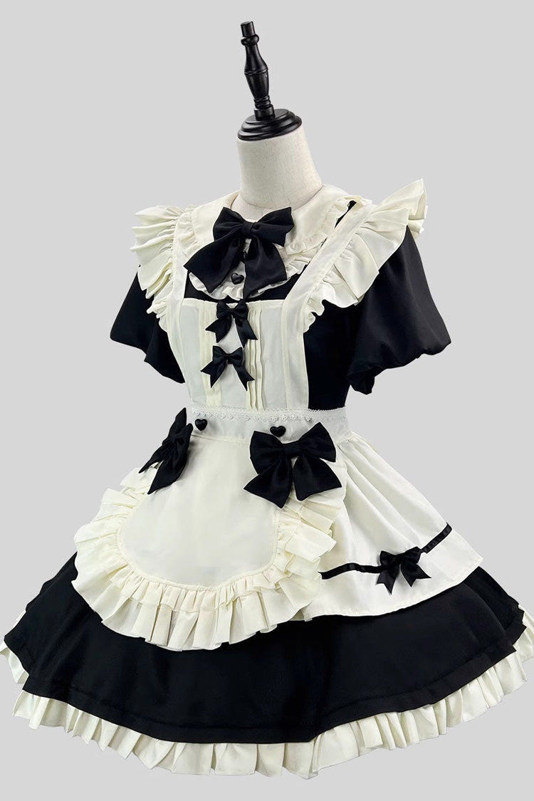 ブラック／ホワイト 半袖 フリル リボン レース 大きいサイズ スウィート Maid ショート ロリータワンピース