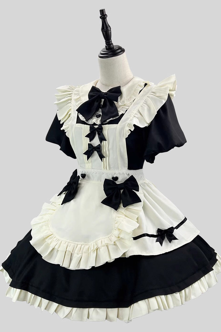 Black/White Short Sleeves Ruffle Bowknot Lace Plus Size Sweet Maid Short Lolita Dress - Black/White - 1