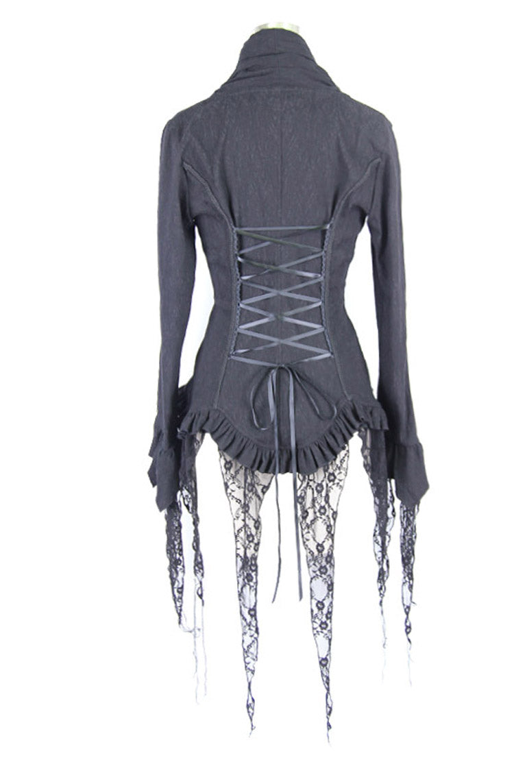 Black Retro Slim Deep V-Neck Tassel Long Sleeve Punk Blouse - Product - 8