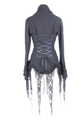 Black Retro Slim Deep V-Neck Tassel Long Sleeve Punk Blouse - Product - 8