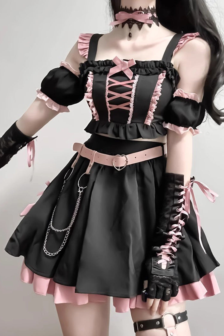 Black/Pink Tie Bow Gothic Sweet Lolita Strapless Skirt Dress 2 Pieces Set - Product - 3