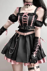Black/Pink Tie Bow Gothic Sweet Lolita Strapless Skirt Dress 2 Pieces Set - Product - 3