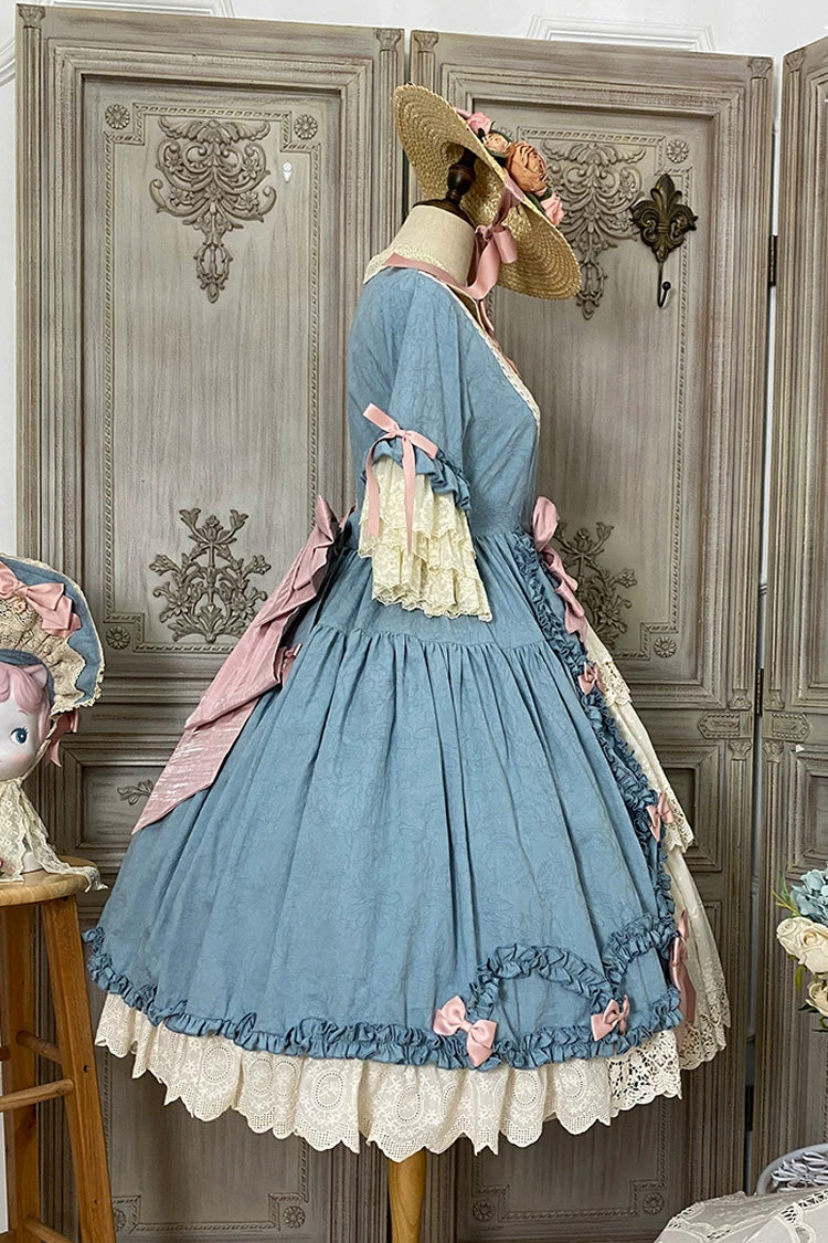 Blue [Lilica Garden] Lapel Collar Short Trumpet Sleeves Ruffled Open-Front Bow Lace Sweet Elegant Luxurious Lolita Dress - Product - 10