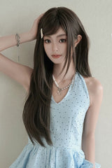 Cool Brown Natural Fluffy Long Layered Straight Sweet Lolita Wig with Air Bangs - Product - 5