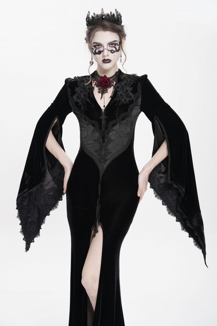 Black V Collar Long Trumpet Sleeves Floral Embroidered Velvet Women's Gothic Dress - Product - 3