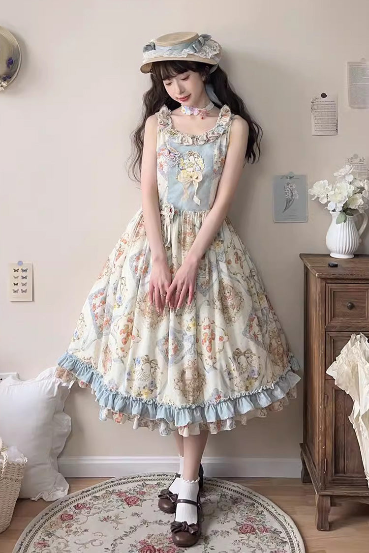 Cat Rose Tea Sleeveless Print Ruffle Bowknot Sweet Lolita Jumper Dress 3 Colors - Ivory - 1