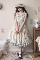 Cat Rose Tea Sleeveless Print Ruffle Bowknot Sweet Lolita Jumper Dress 3 Colors - Ivory - 1