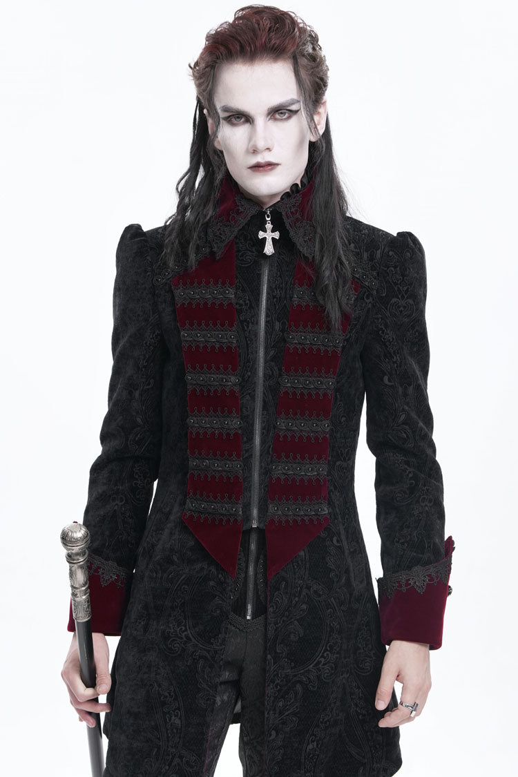 Black/Red Lapel Collar Long Sleeves Crochet  Men's Gothic Jacket - Product - 3