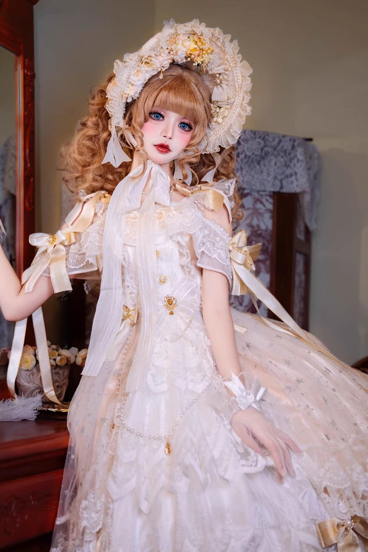 Yellow [Glazed Phantom] Off Shoulder Ruffle Hanayome Bowknot Lace Sweet Elegant Lolita Dress - Product - 7