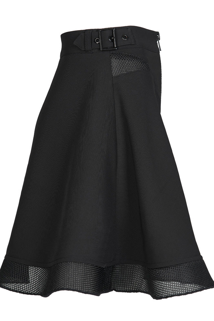Black Chiffon Plaid Large-Hole Mesh Stitching V-Word Segmentation Design Sun-Hem Women's Punk Skirt - Product - 5