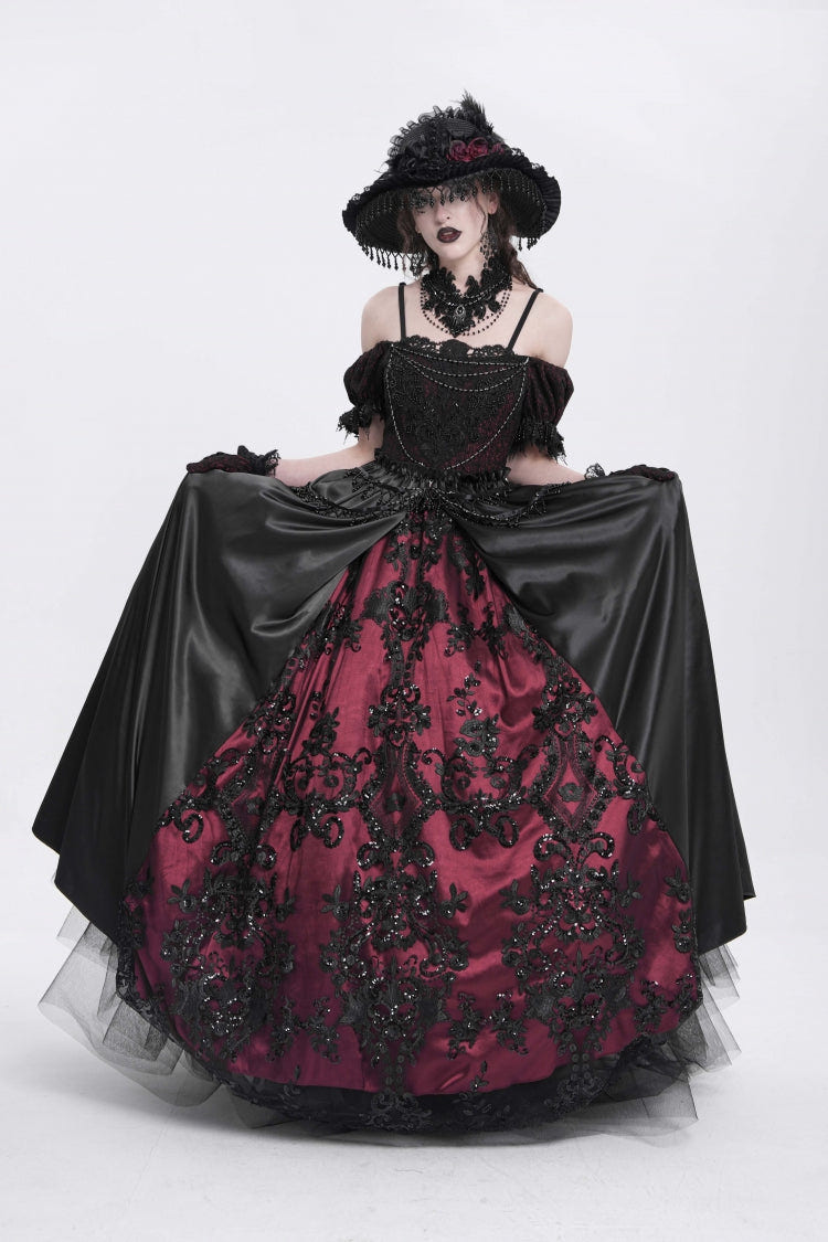 Black/Red Off Shoulder Embroidery Stitching Lace Women's Gothic Dress - Product - 6