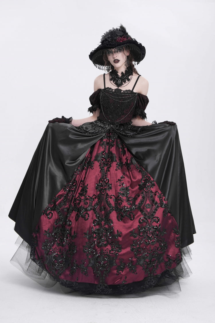 Black/Red Off Shoulder Embroidery Stitching Lace Women's Gothic Dress - Product - 6