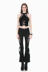 Black Women's Punk Buckled Straps Cut-Out Sheer Mesh Patchwork Flare Pants - Product - 5