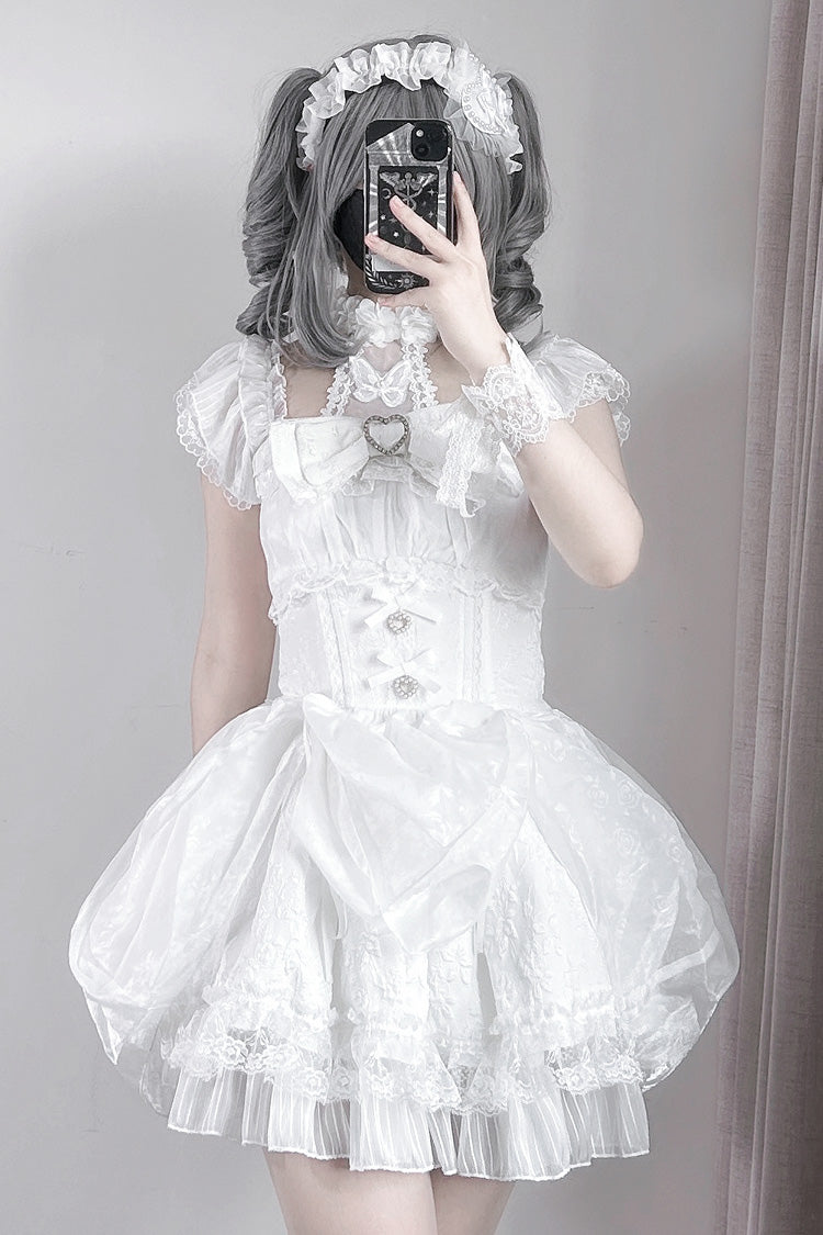 White [Rose Dream] Halterneck Short Sleeves Print Ruffle Bowknot Lace Gothic Jirai Kei Dress - Product - 4