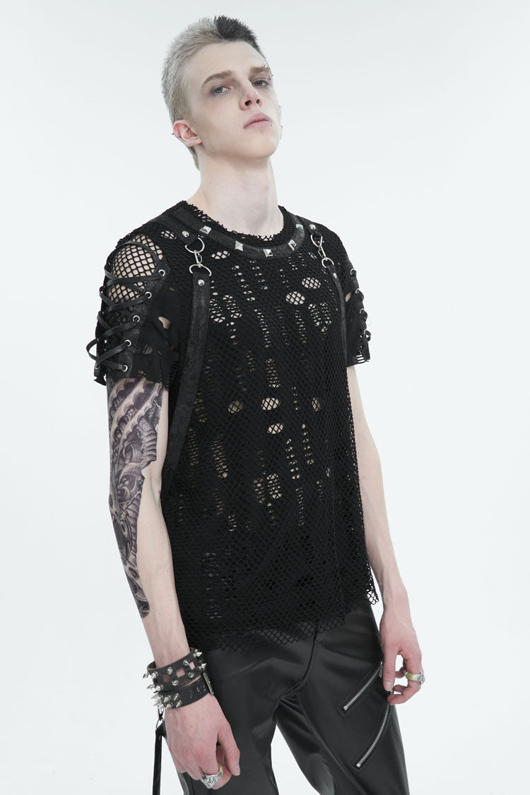 Black Half Hollow Shoulder Tie Design Men's Punk T-Shirt - Product - 3