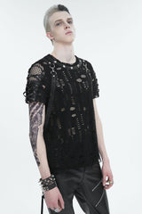 Black Half Hollow Shoulder Tie Design Men's Punk T-Shirt - Product - 3