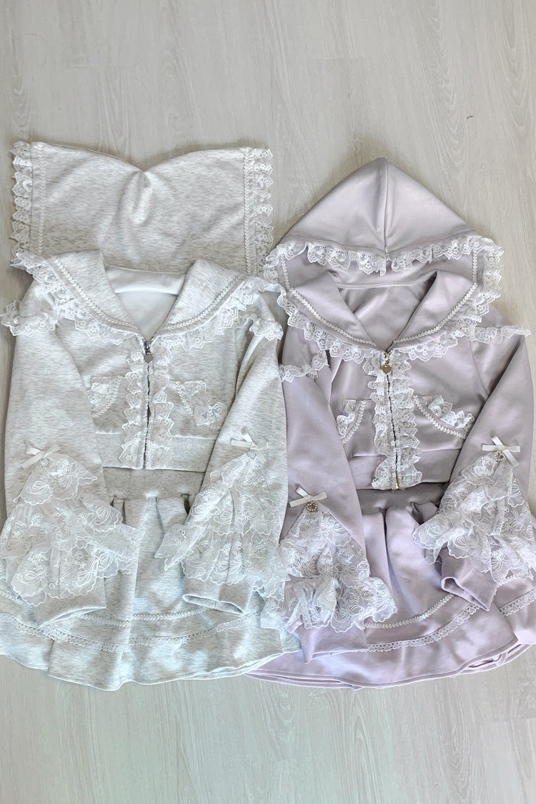 Pink [Heartbeat Rhythm] Long Sleeves Ruffle Lace Hooded Jirai Kei Japanese Skirt Set - Product - 4