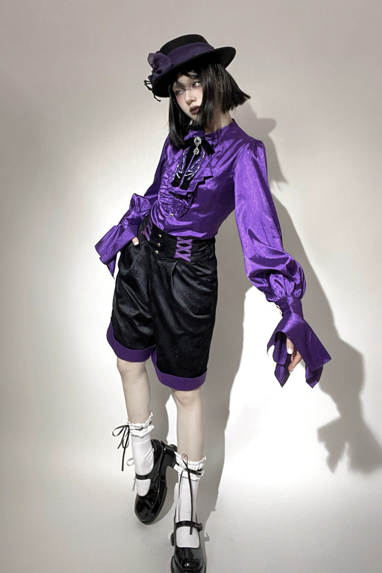 Black/Purple [Moonlit Return] Jacquard Printed Lace-Up Gothic Elegant Ouji Lolita (Blouse/Pants/Shorts/Vest) - Product - 5