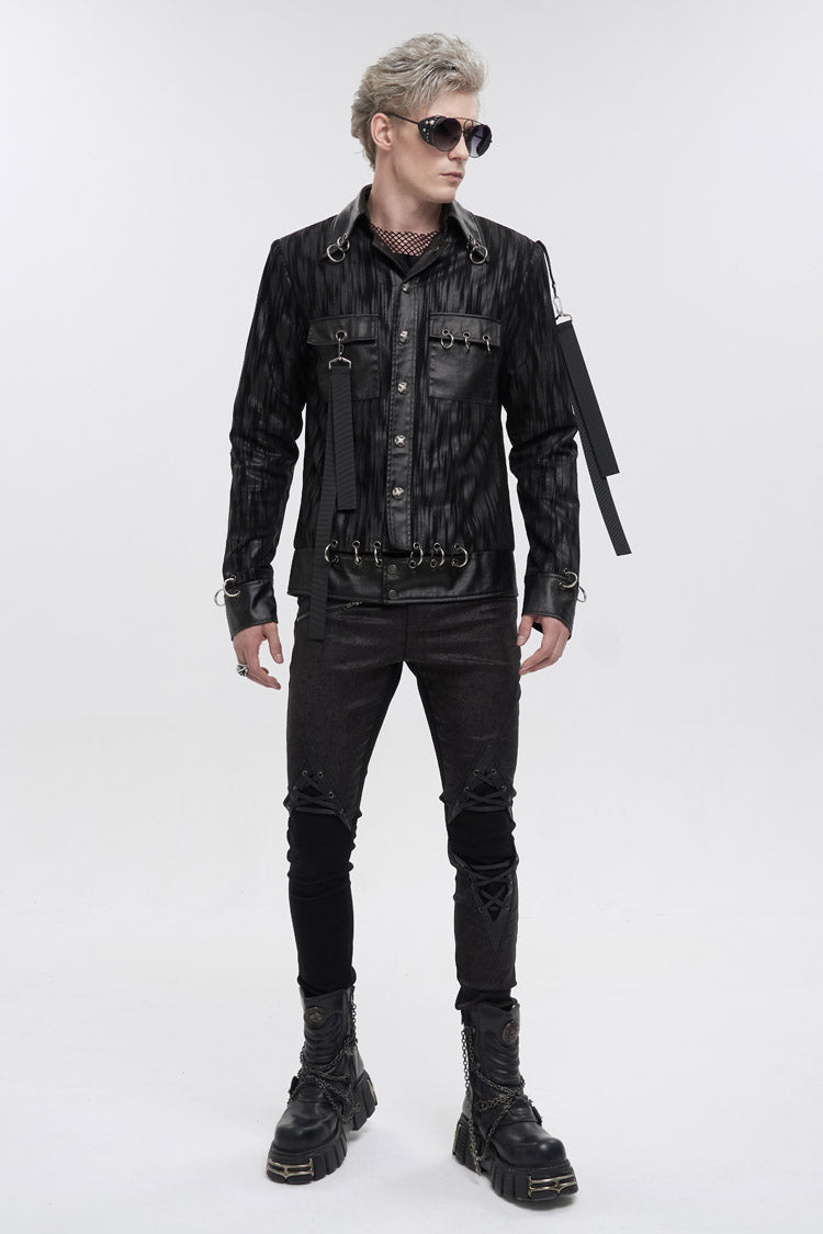 Black Metal Ring Perforated Lapel Lapel Button Handsome Men's Punk Jacket - Product - 4