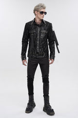 Black Metal Ring Perforated Lapel Lapel Button Handsome Men's Punk Jacket - Product - 4