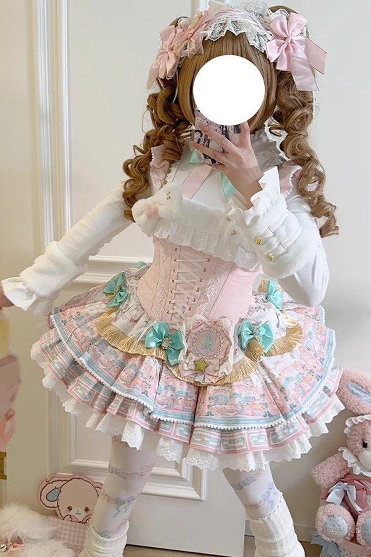 Pink [Candy House] Multi-Layered Print Ruffle Bowknot Lace-Up Sweet Ballet Lolita Jsk Dress - Product - 8